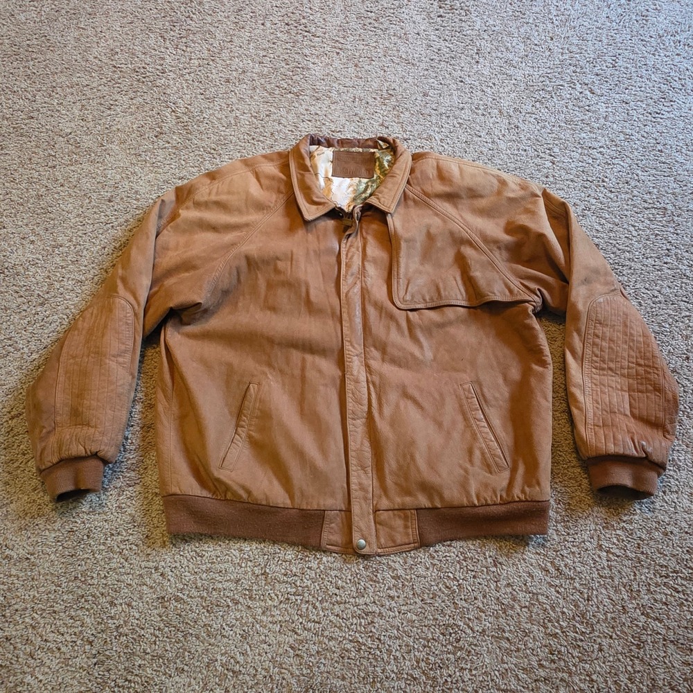 Vintage Marlboro Adventure‎ Team Leather Bomber Jacket Tan Brown XL Map Lining